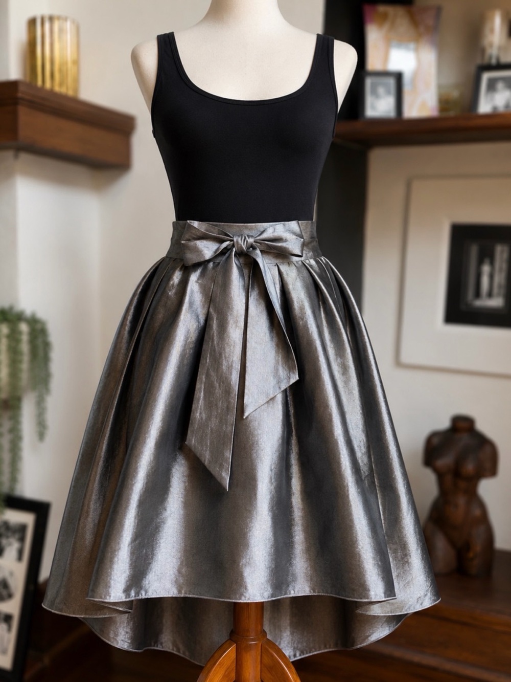 Bow Front Tafetta Look High-Low Midi Skirt Metallic Gunmetal Gray L (runs Small)